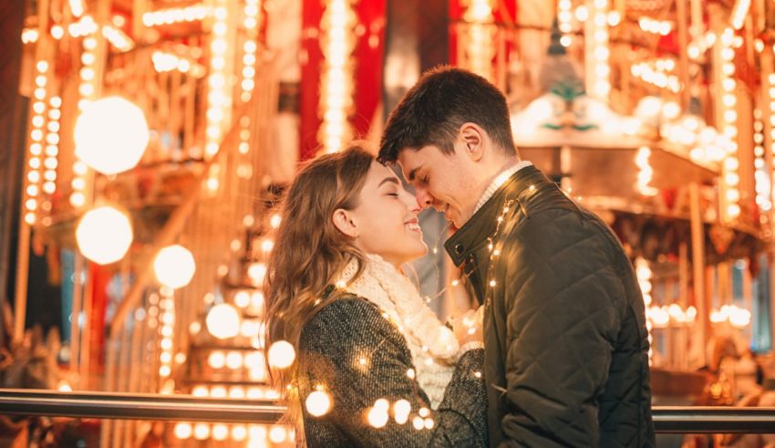 A couple kissing in front of a carousel.
