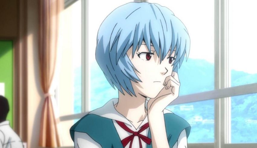 A girl with blue hair is sitting in front of a window.