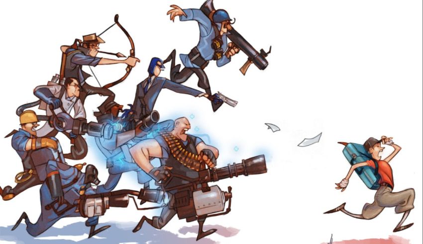 A group of people are running around in a cartoon style.