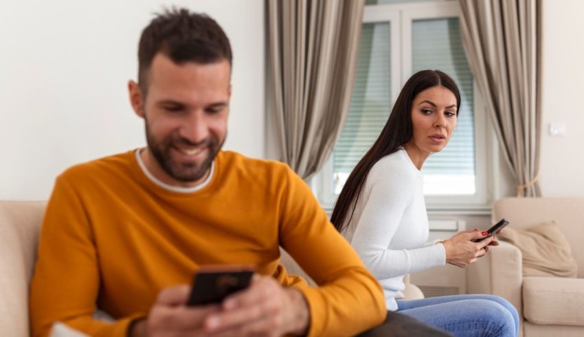 A man and woman sitting on a couch looking at their cell phones.