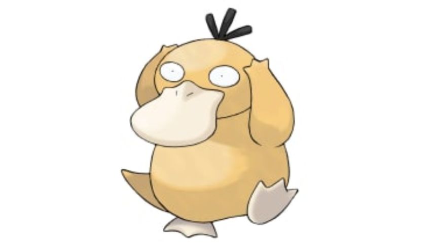 A yellow duck with black eyes and a beak.