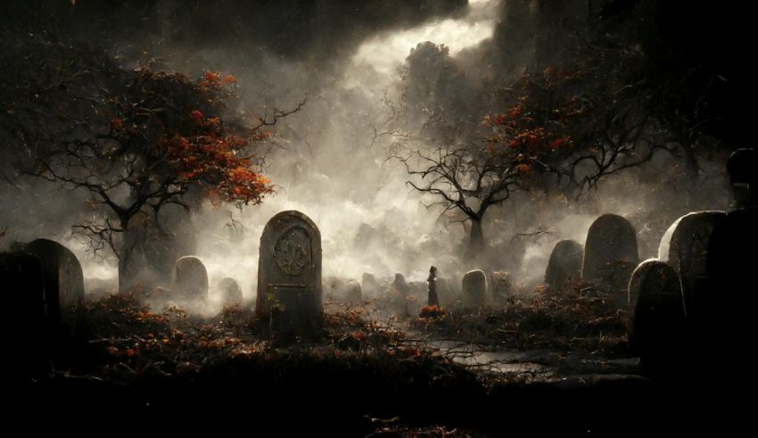 A cemetery with tombstones and trees in the background.