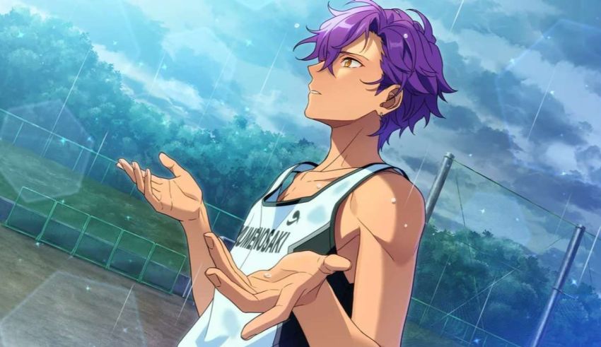 An anime character with purple hair standing on a field.