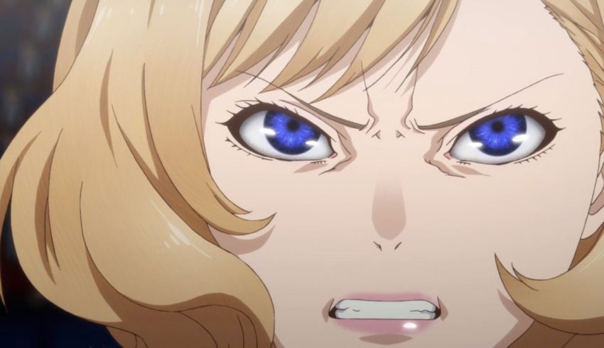 A close up of an anime character with blue eyes.