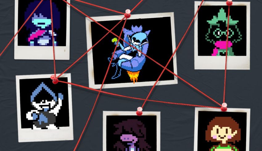 A group of pixel characters hanging on a string.