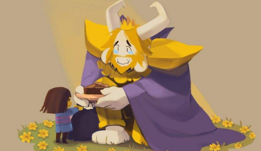 A cartoon of a demon with a little girl in front of him.