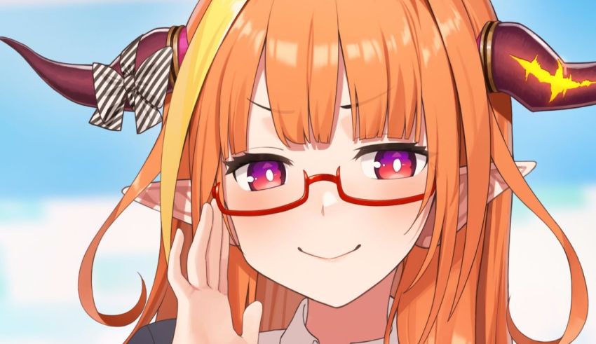 An anime girl with glasses and horns on her head.
