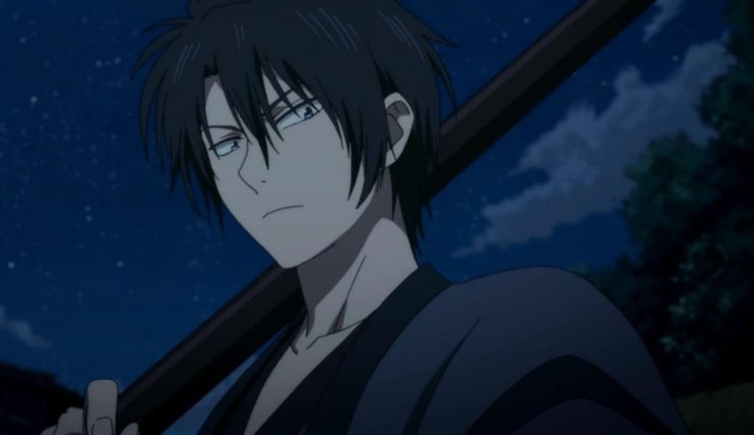 An anime character holding a sword at night.