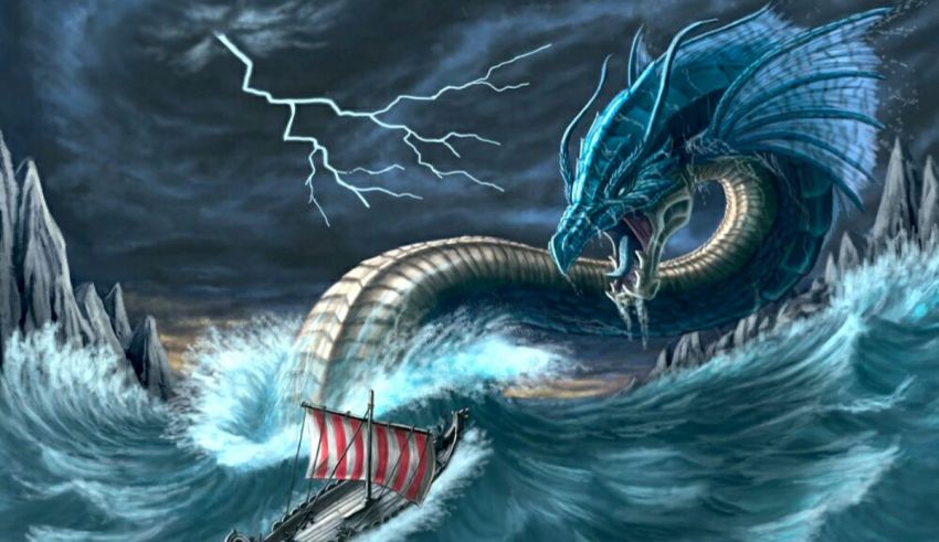 A viking ship with a dragon in the water.