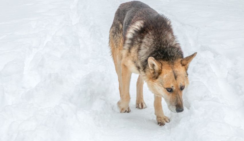 A wolf is walking through the snow on a path.