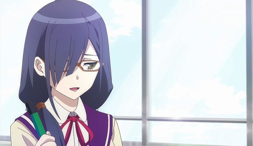 A girl in a school uniform holding a pencil.