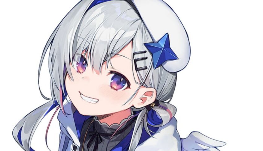 An anime girl with blue hair and a hat.