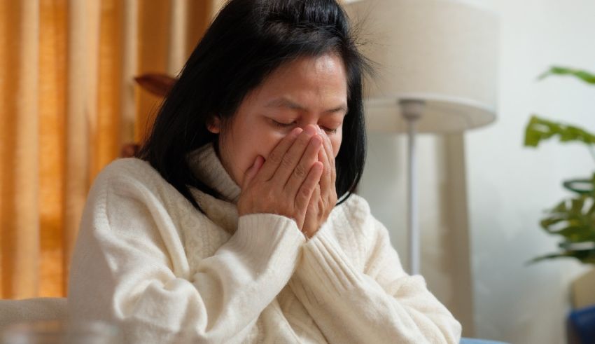 A woman covering her face with her hands.