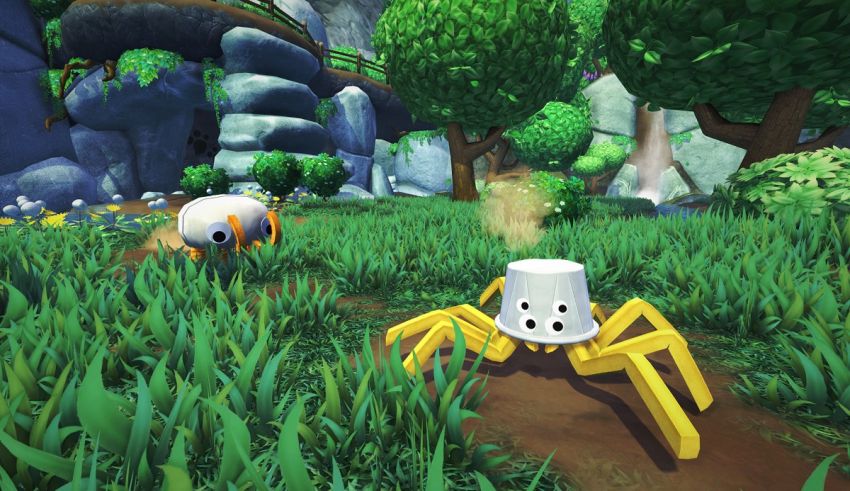 A spider in a grassy field with a yellow ball.