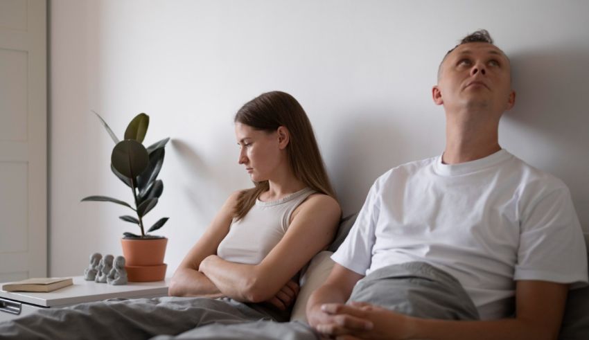A man and woman are sitting on a bed and looking at each other.