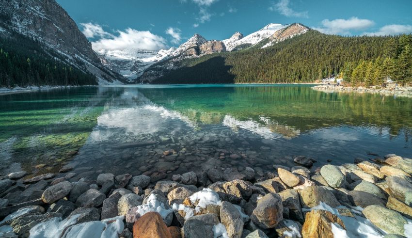 A lake surrounded by mountains and rocks.