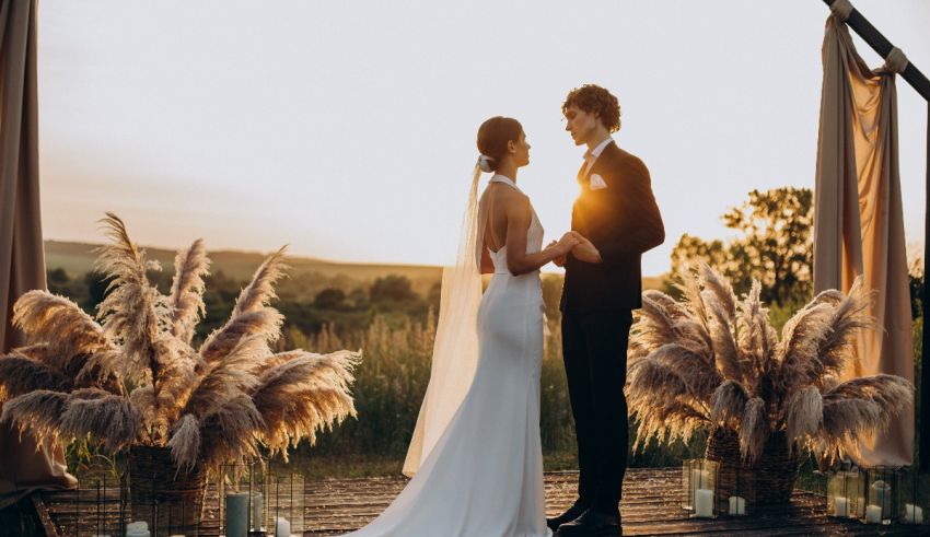 A bride and groom standing on a wooden deck at sunset.