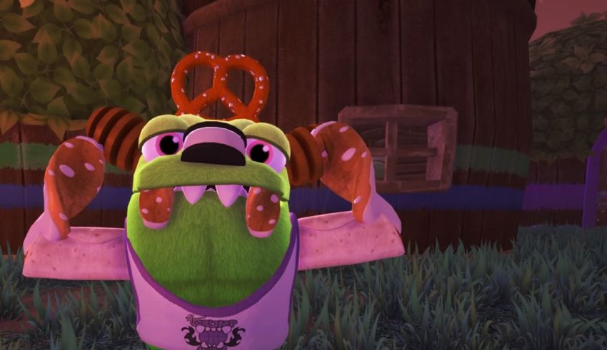 A cartoon character is standing in front of a house.