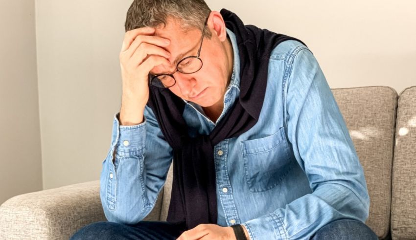 A man sitting on a couch and looking at his phone.