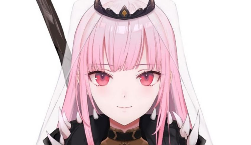 An anime girl with pink hair holding a sword.