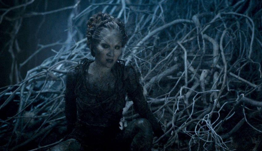 A woman is sitting in the middle of a forest full of branches.