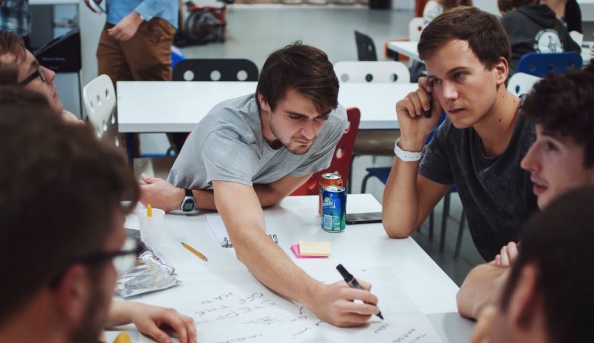 A group of people sitting around a table.