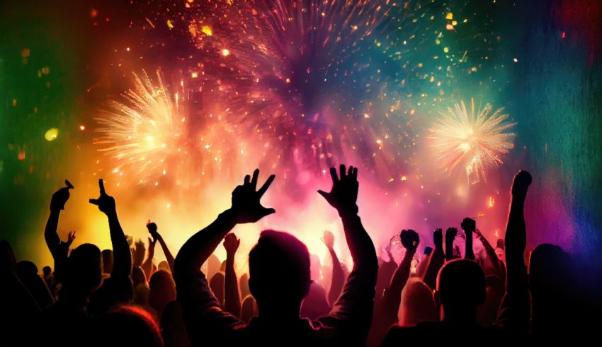 A group of people at a party with fireworks in the background.