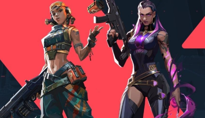 Two women holding guns in front of a red background.