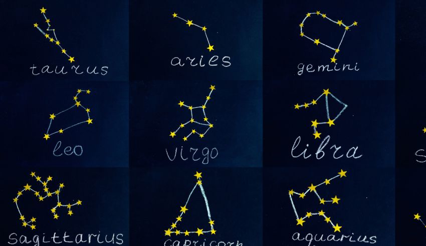 The zodiac signs are shown on a blackboard.