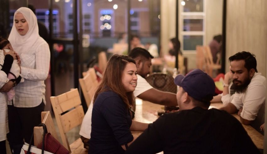 A group of people sitting at tables in a restaurant.