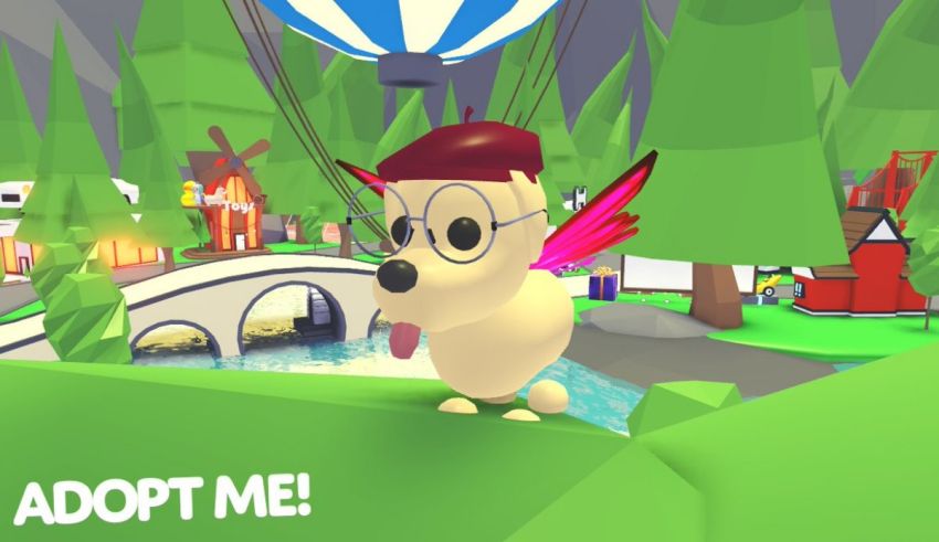 A cartoon dog is flying in the air with a hot air balloon.