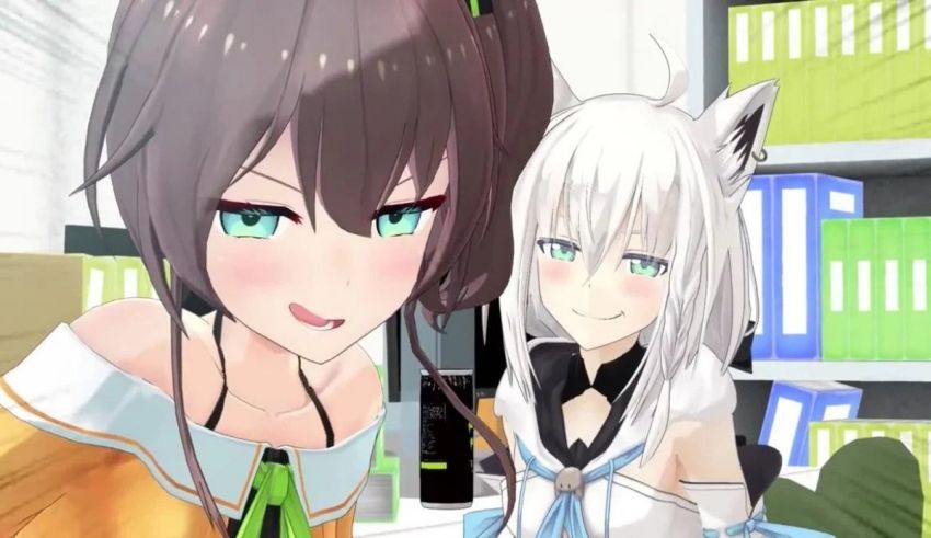 Two anime girls standing next to each other.