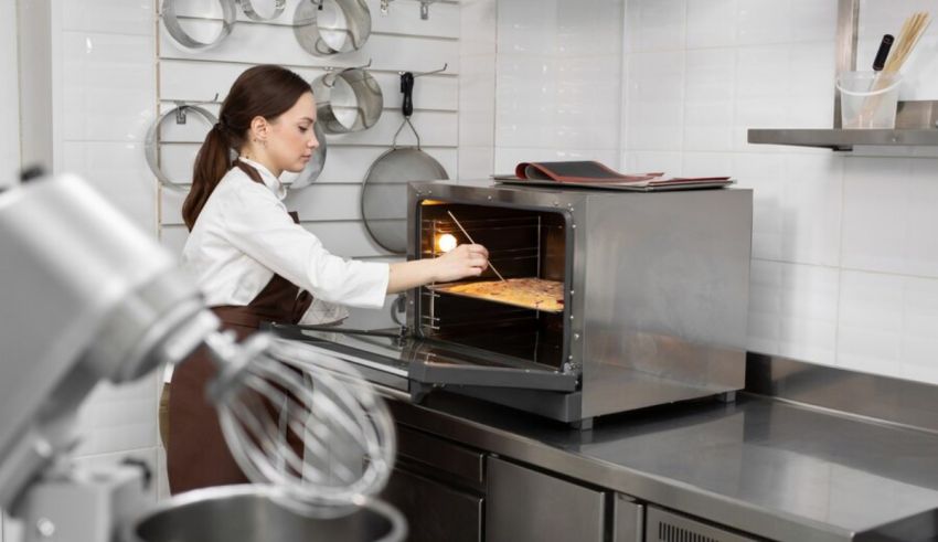 A woman in an apron is preparing food in an oven.