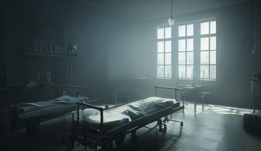 A hospital room with a bed and a window.