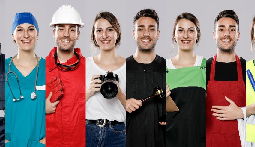 A group of people in different uniforms posing for a photo.