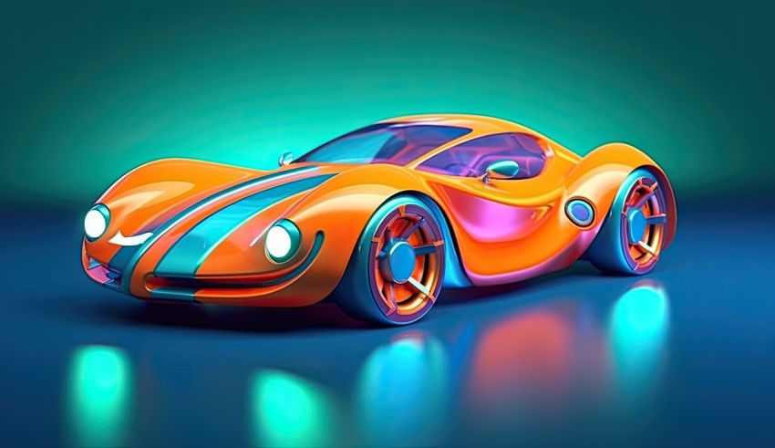 An orange and blue sports car on a blue background.