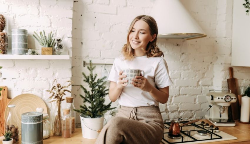 A woman is sitting on a kitchen counter holding a cup of coffee.