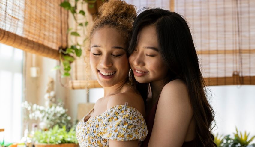 Two asian women hugging each other in front of a window.