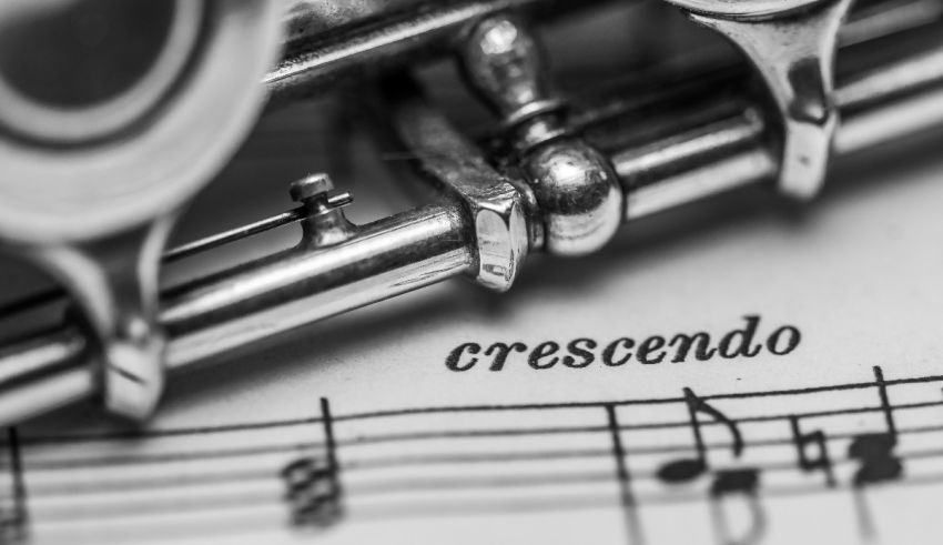 A black and white photo of a clarinet on a sheet of music.