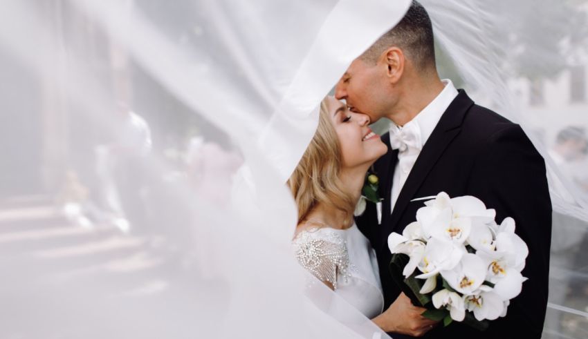 A bride and groom kiss under a veil.