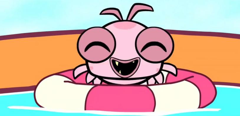 A cartoon character is sitting in a pool with a life ring.