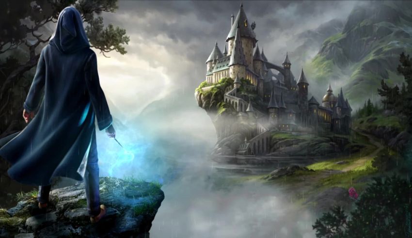 A man in a robe is standing in front of a castle.