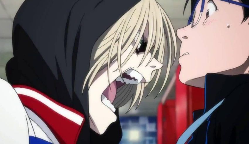 Two anime characters kissing each other in a hallway.