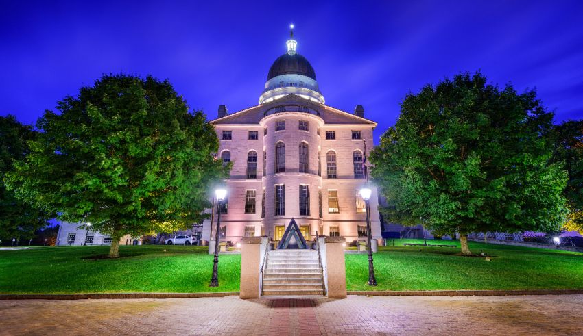 A large building lit up at night.