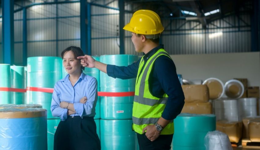 A man in a hard hat is talking to a woman in a warehouse.
