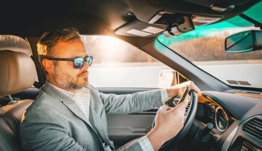 A man driving a car with sunglasses on.