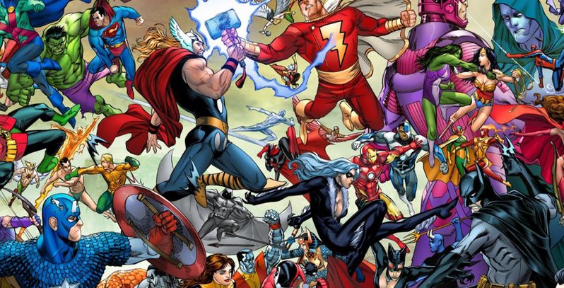 A group of avengers characters surrounded by each other.