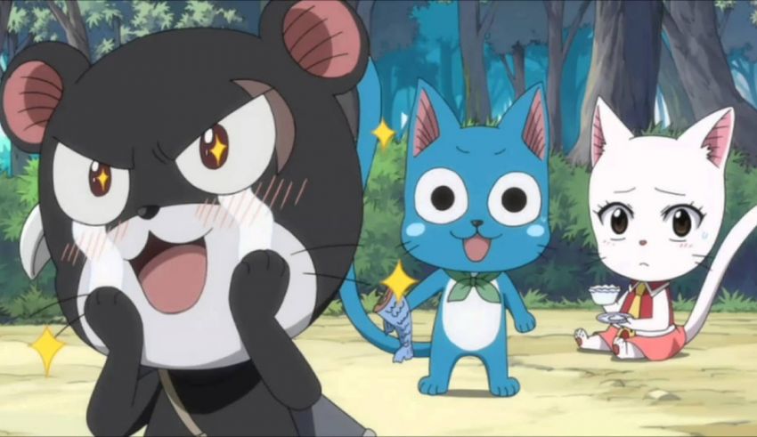 A group of anime characters standing in a wooded area.