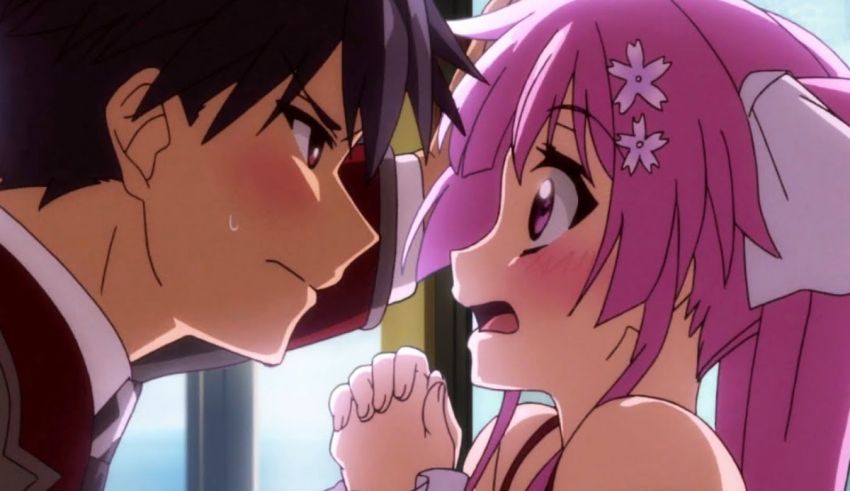 A girl with pink hair and a boy with pink hair.