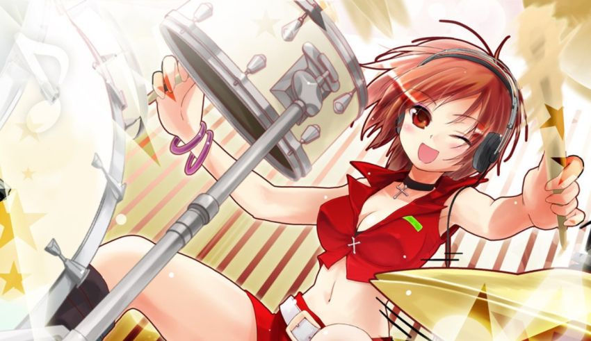 A girl in a red shirt is playing drums.